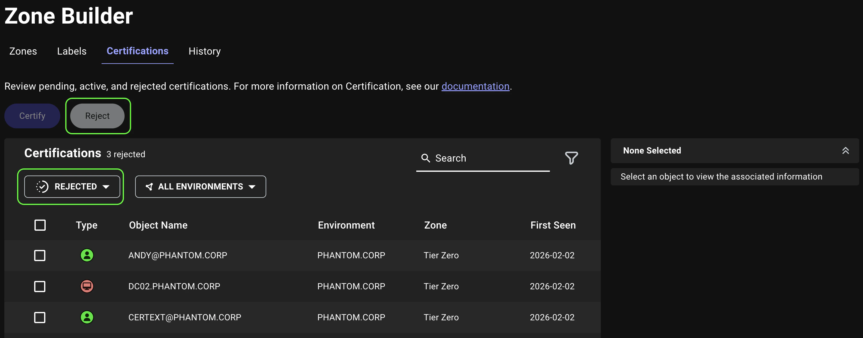 A view of the Certifications tab showing the updated Reject button
