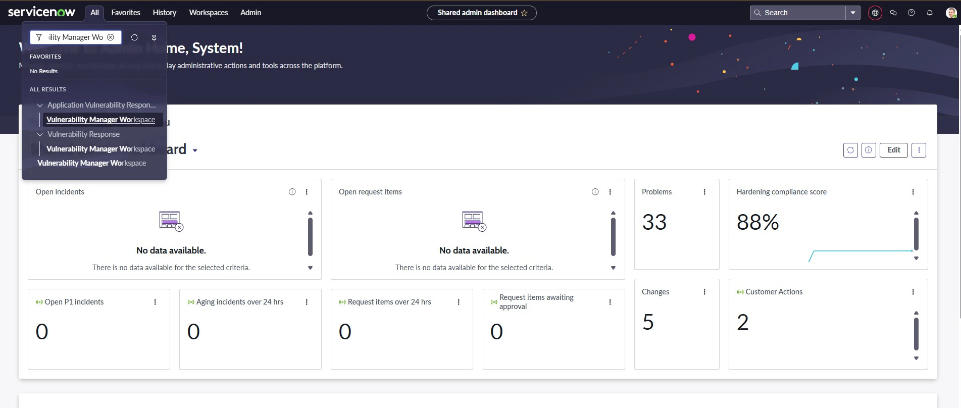 A view of the ServiceNow interface showing the All menu and search bar with Vulnerability Manager Workspace entered