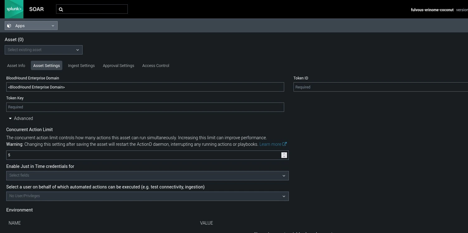 Splunk SOAR BloodHound Enterprise app asset settings page for API credentials configuration with BloodHound Enterprise Domain, Token Key, and Token ID fields