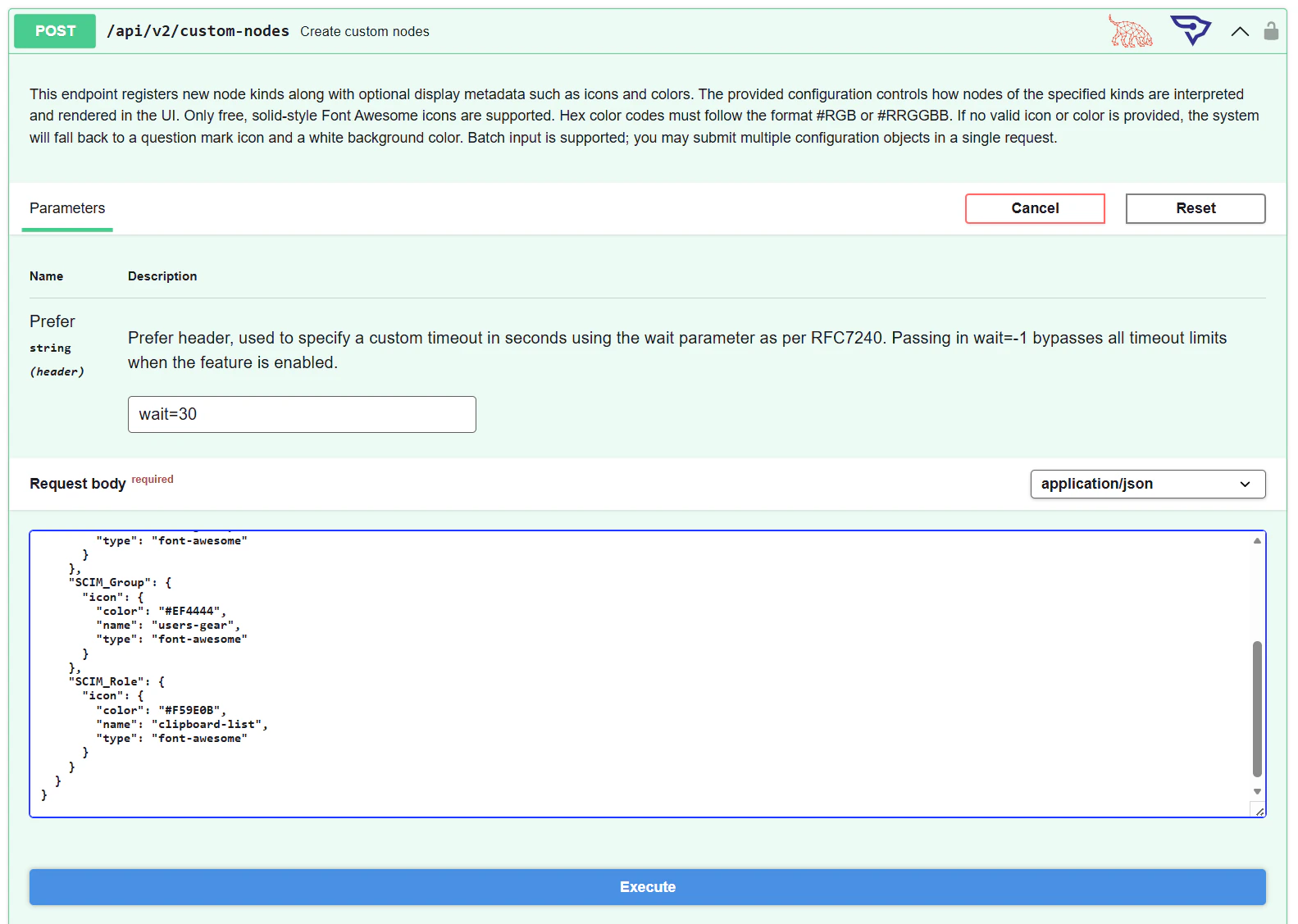 API Explorer with a custom icon payload ready to execute