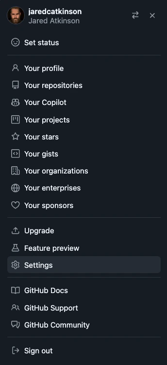 GitHub profile settings menu