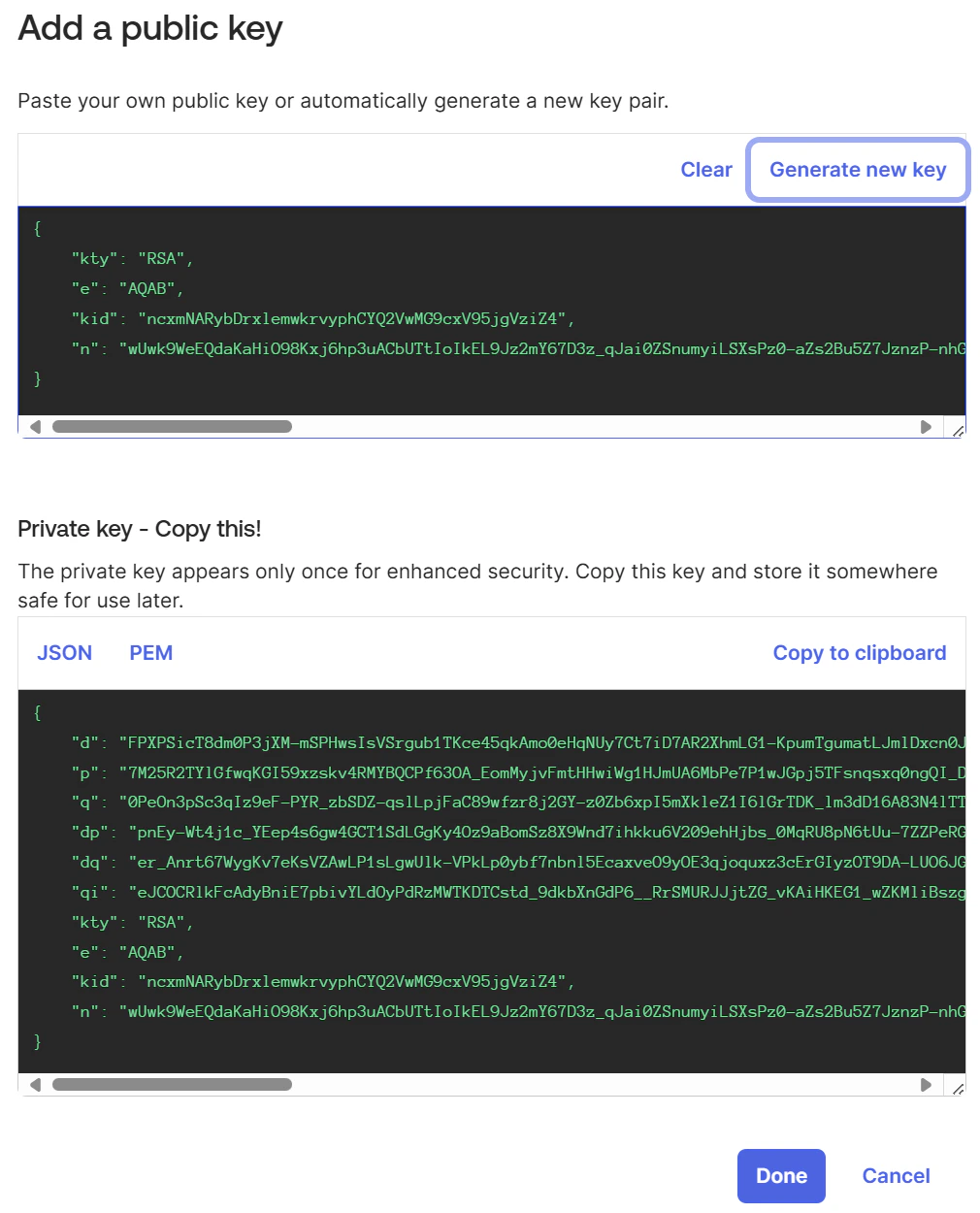 Generated key pair - copy the private key