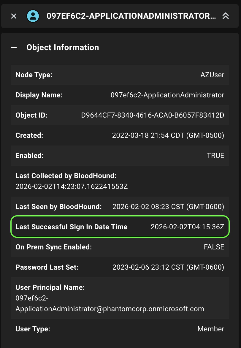 A view of the Entity panel showing the Last Successful Sign-In Date Time property for an Azure user