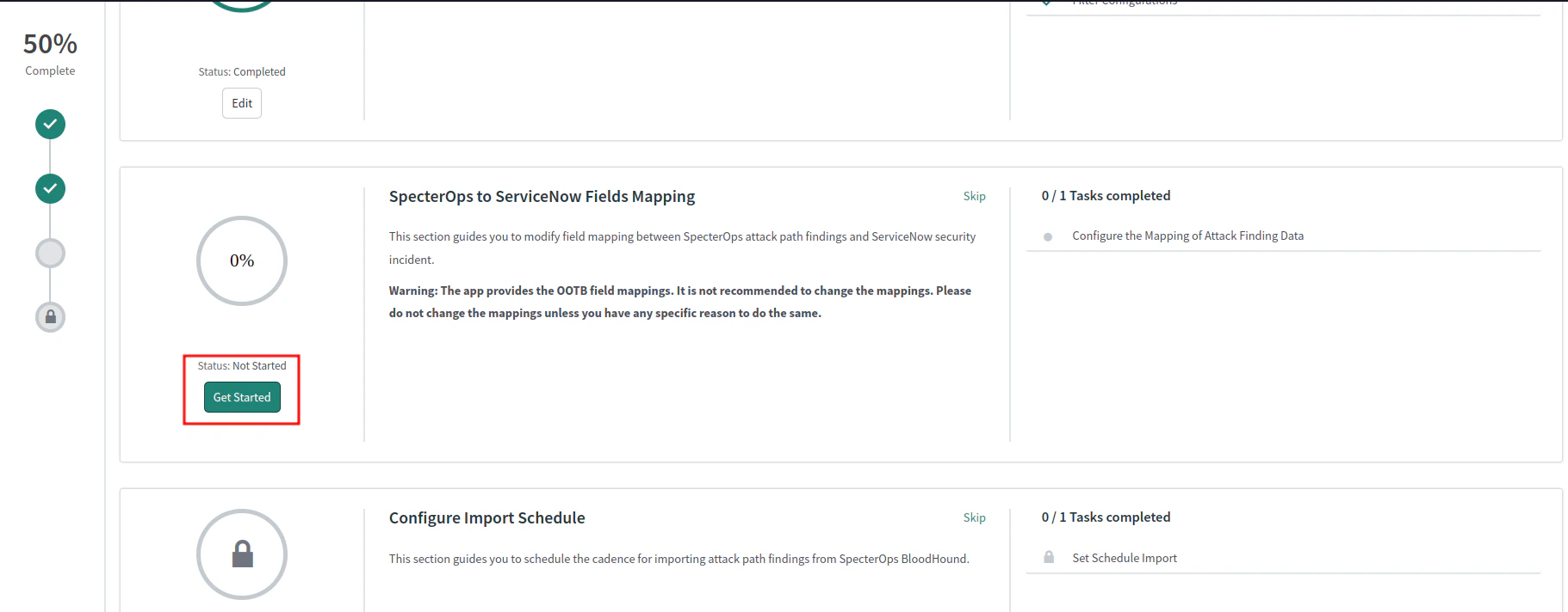 A view of the ServiceNow user interface showing the process of getting started with field mapping.