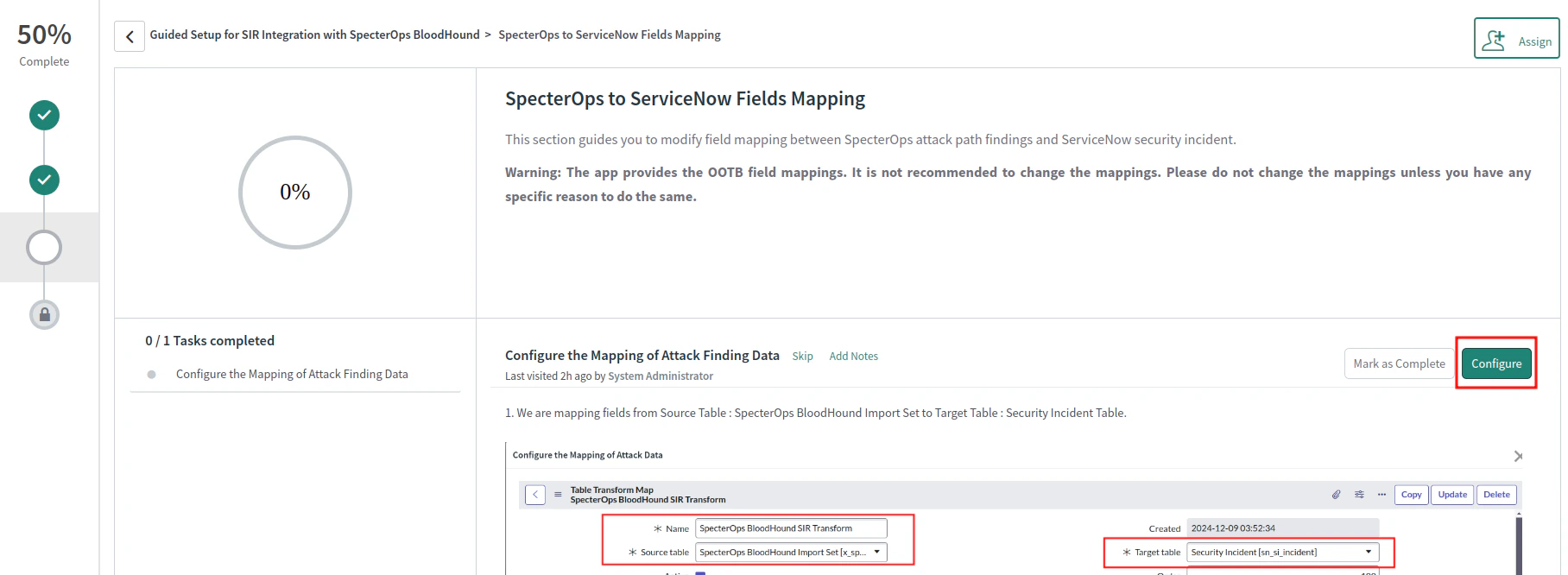 A view of the ServiceNow user interface showing the default field mapping.