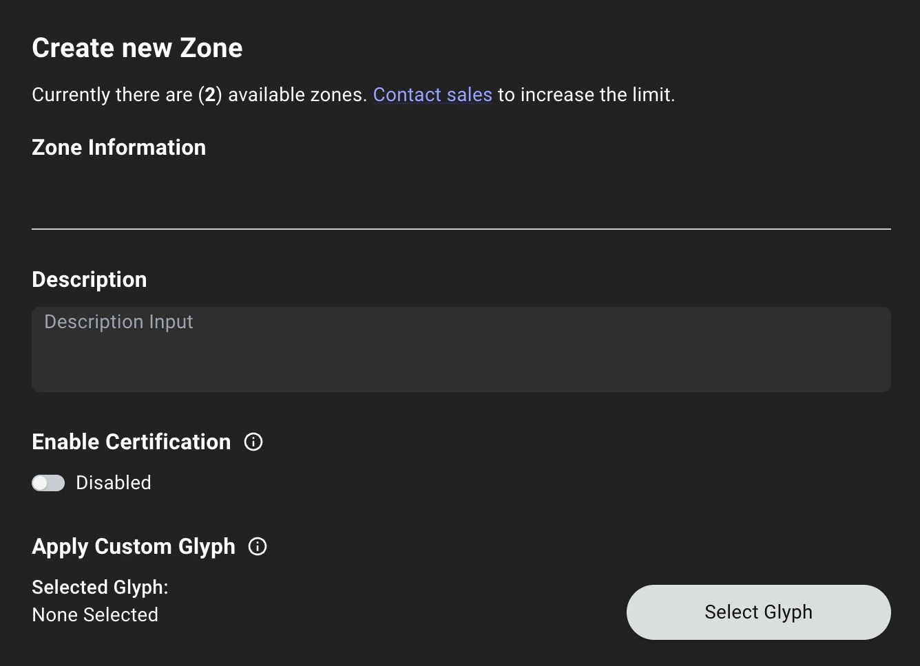 A view of the Zone Builder create zone page