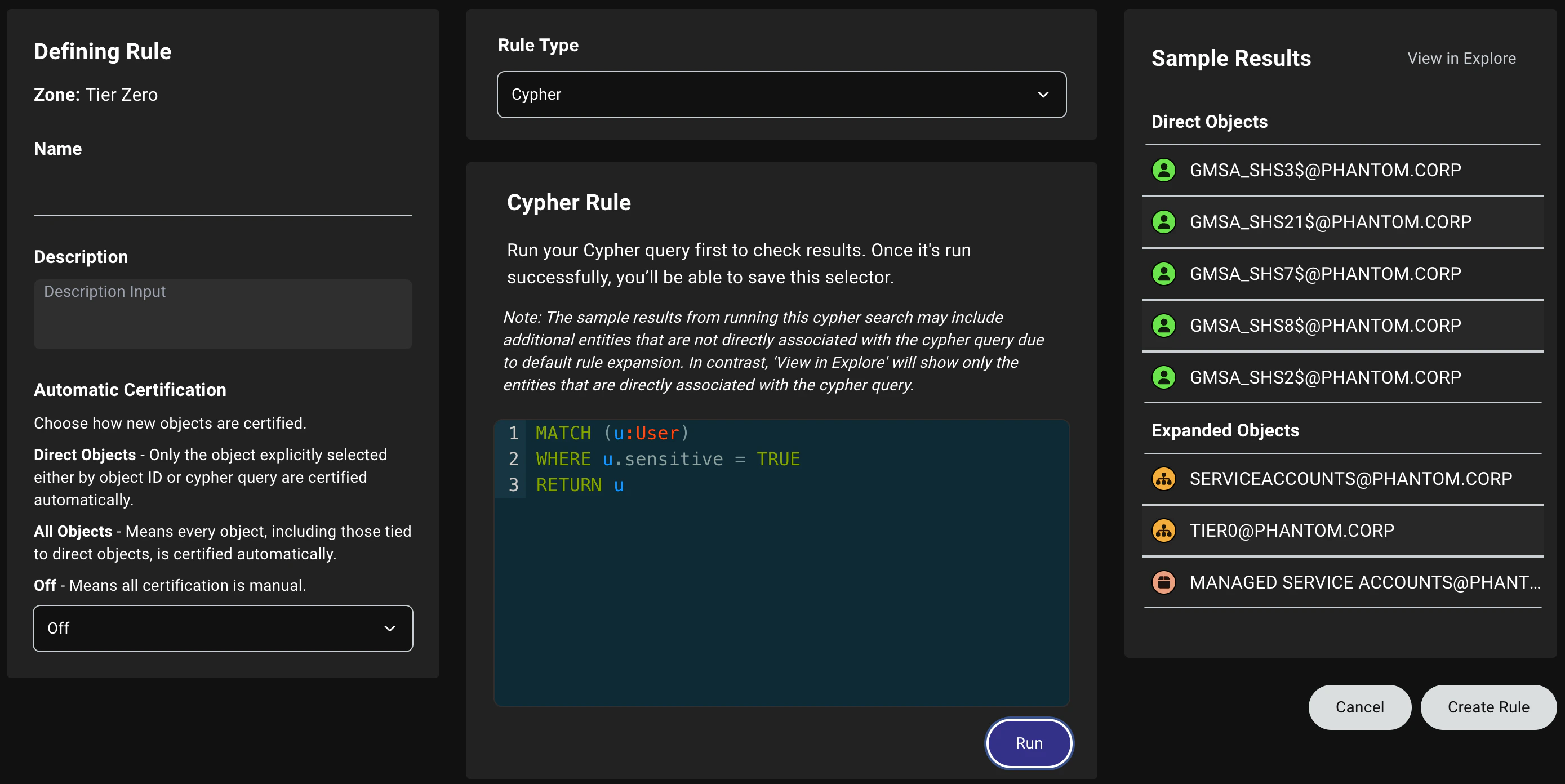 A view of the Zone Builder Cypher rule configuration