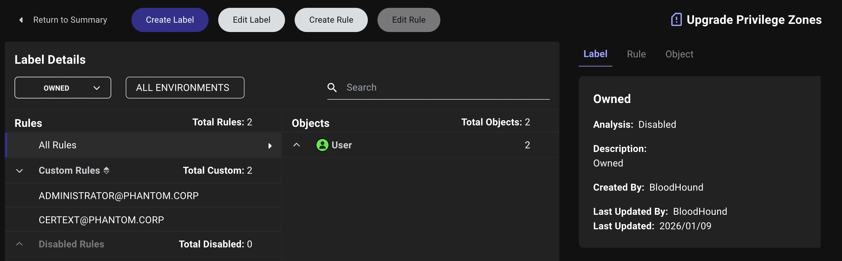 A view of the Zone Builder labels detail view
