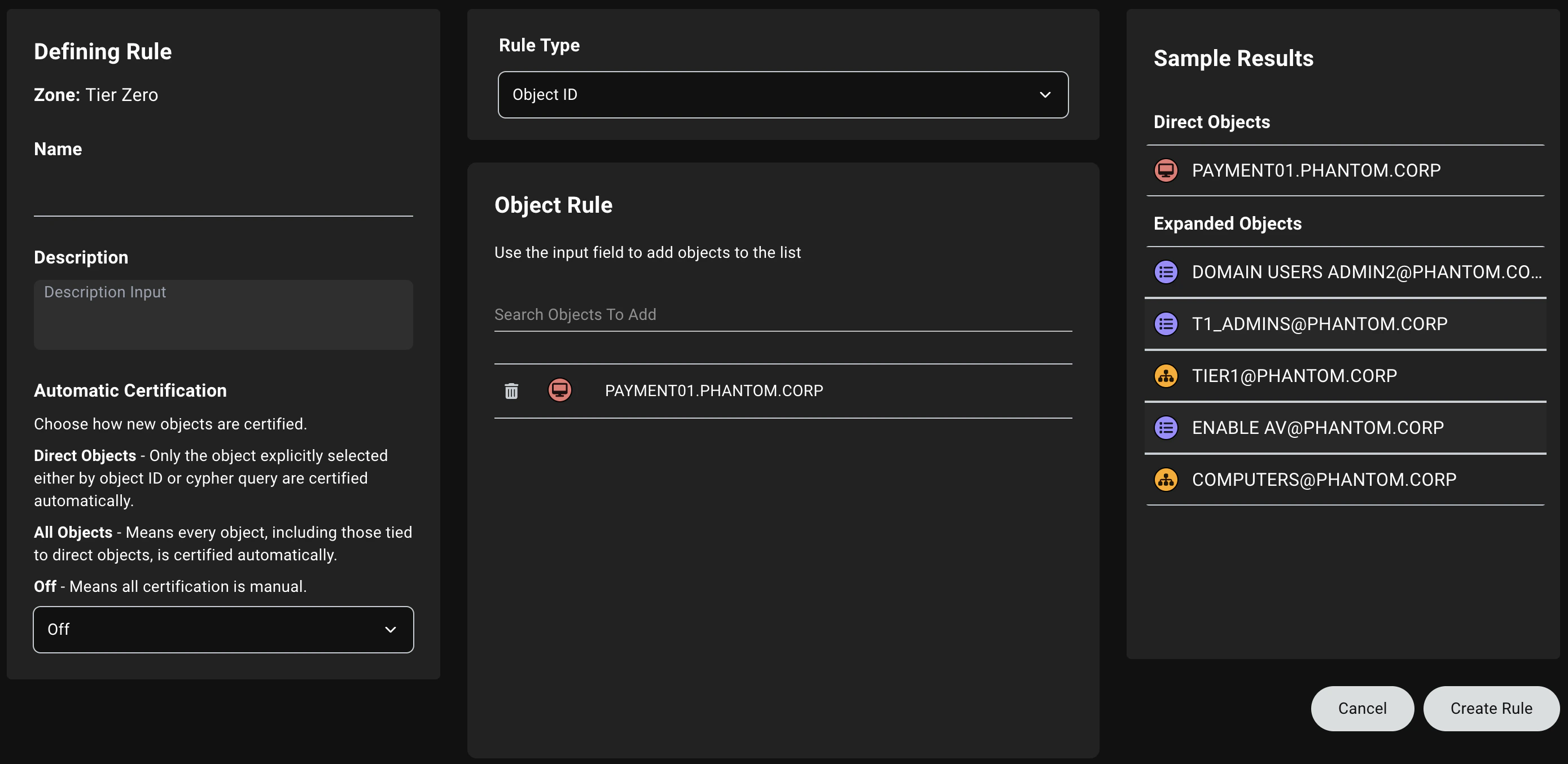 A view of the Zone Builder Object ID rule configuration