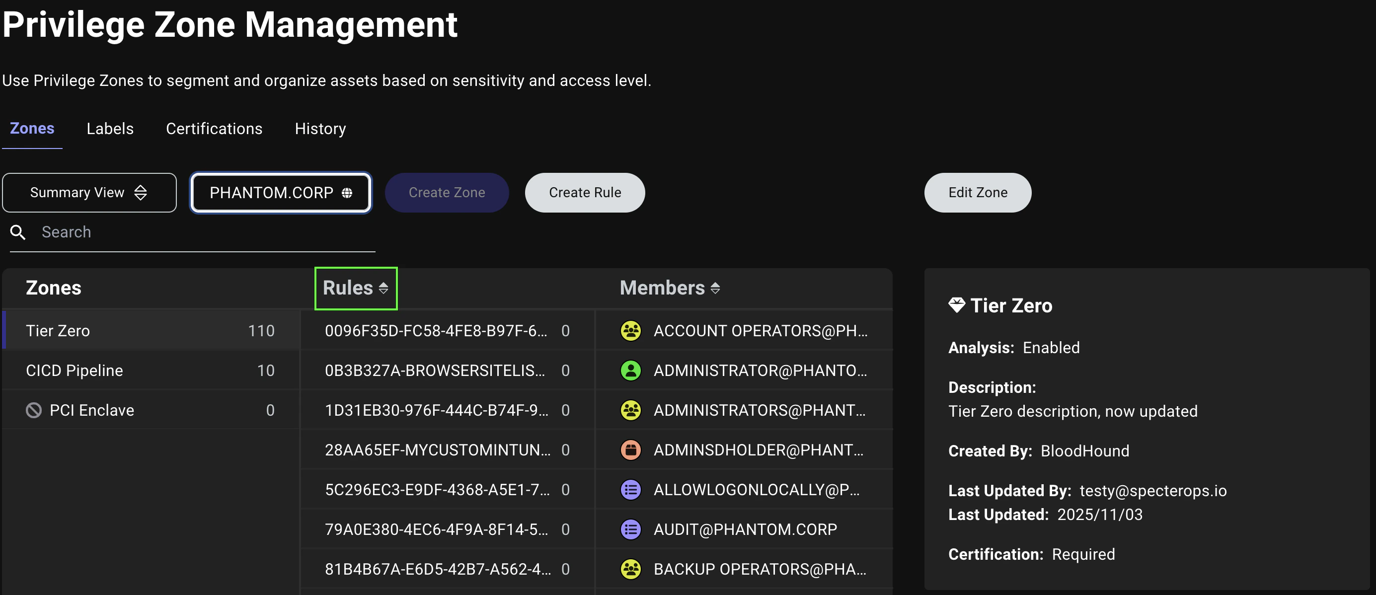 A view of the Privilege Zone Management page showing the renamed Rules section