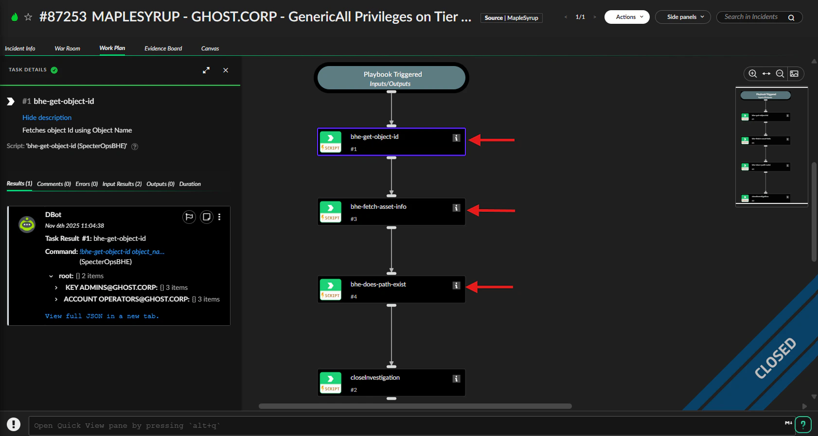DBot panel expanded to show root context and command outputs for the incident.