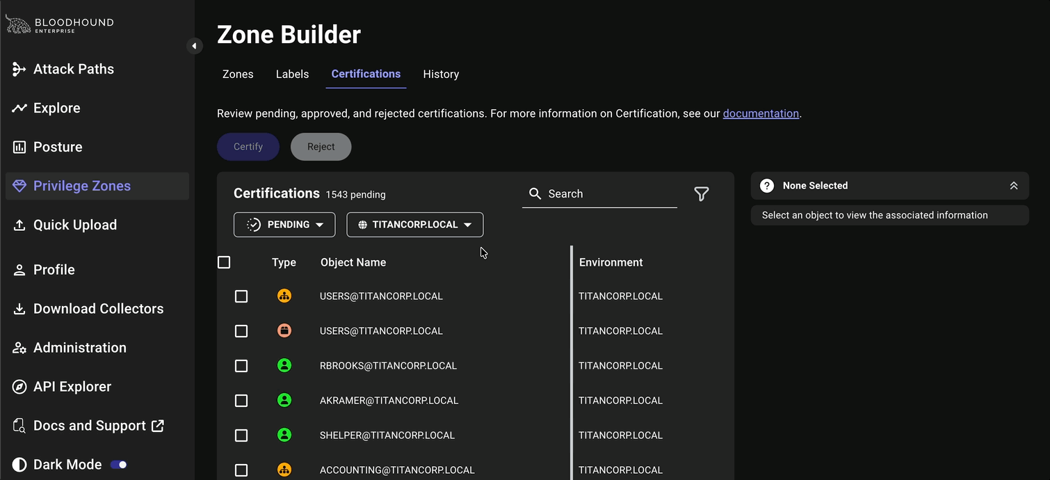 Animated view of the updated Privilege Zone certification selection behavior, showing checkbox-driven focus and persistence through page refresh