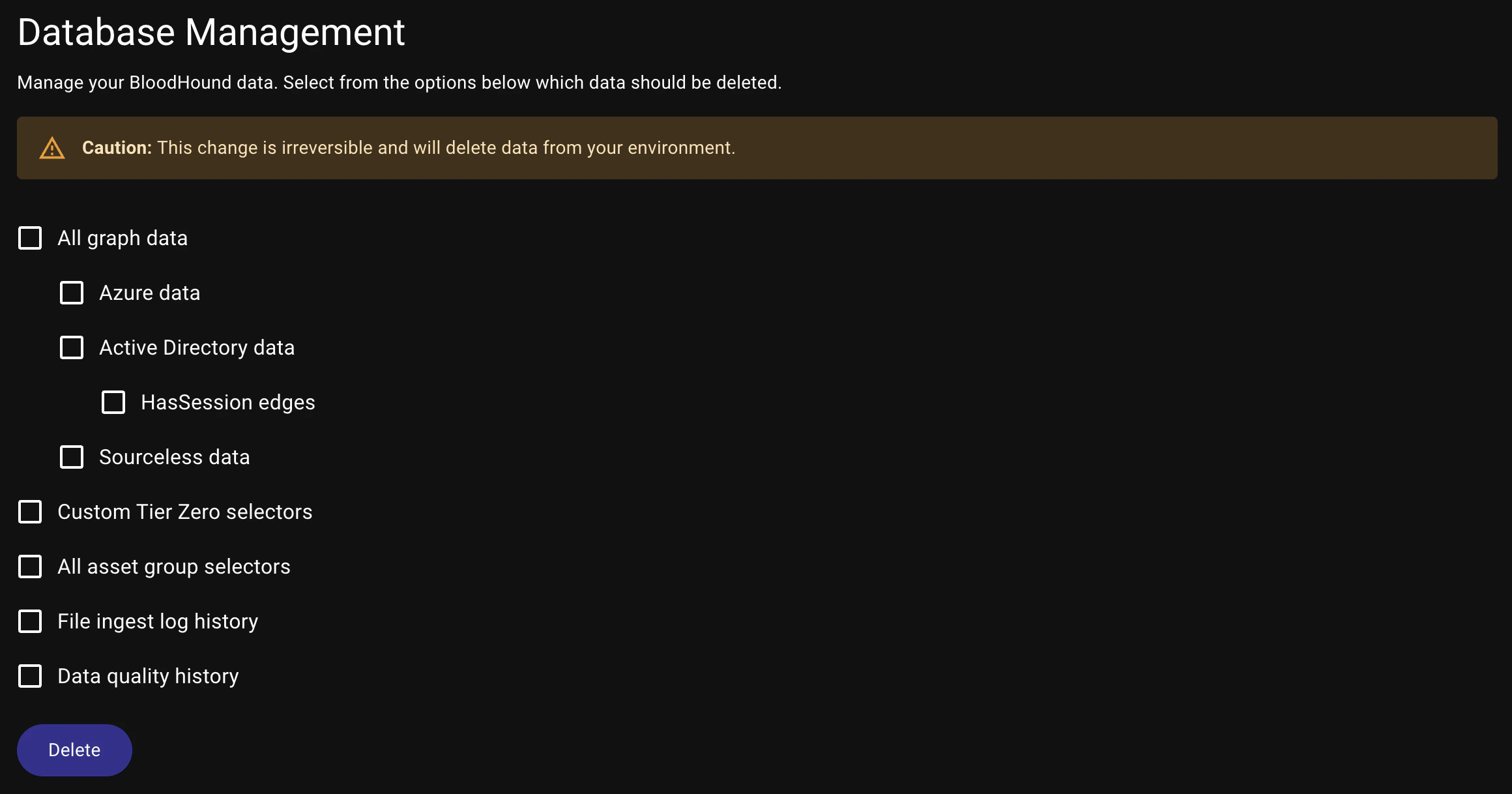 Database Management page showing new HasSession deletion controls