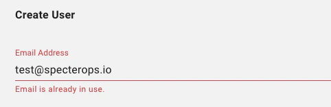 A view of the error message shown when attempting to create a user with a duplicate email address.