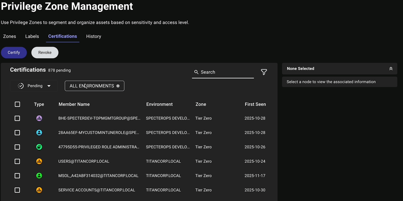 A view of the Privilege Zone Management page showing the Environment filter in the Certifications tab