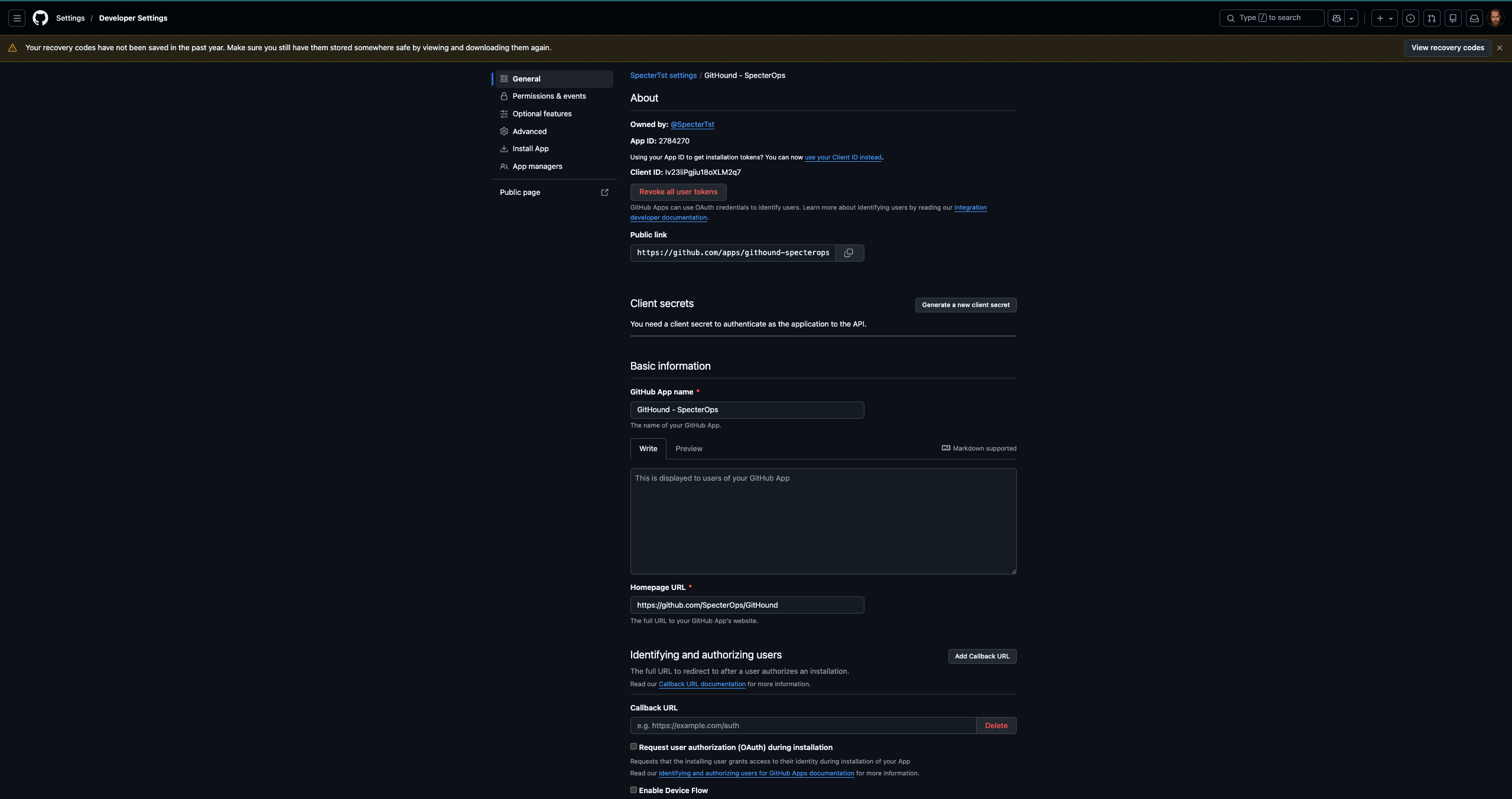GitHub App settings showing Client ID and App ID