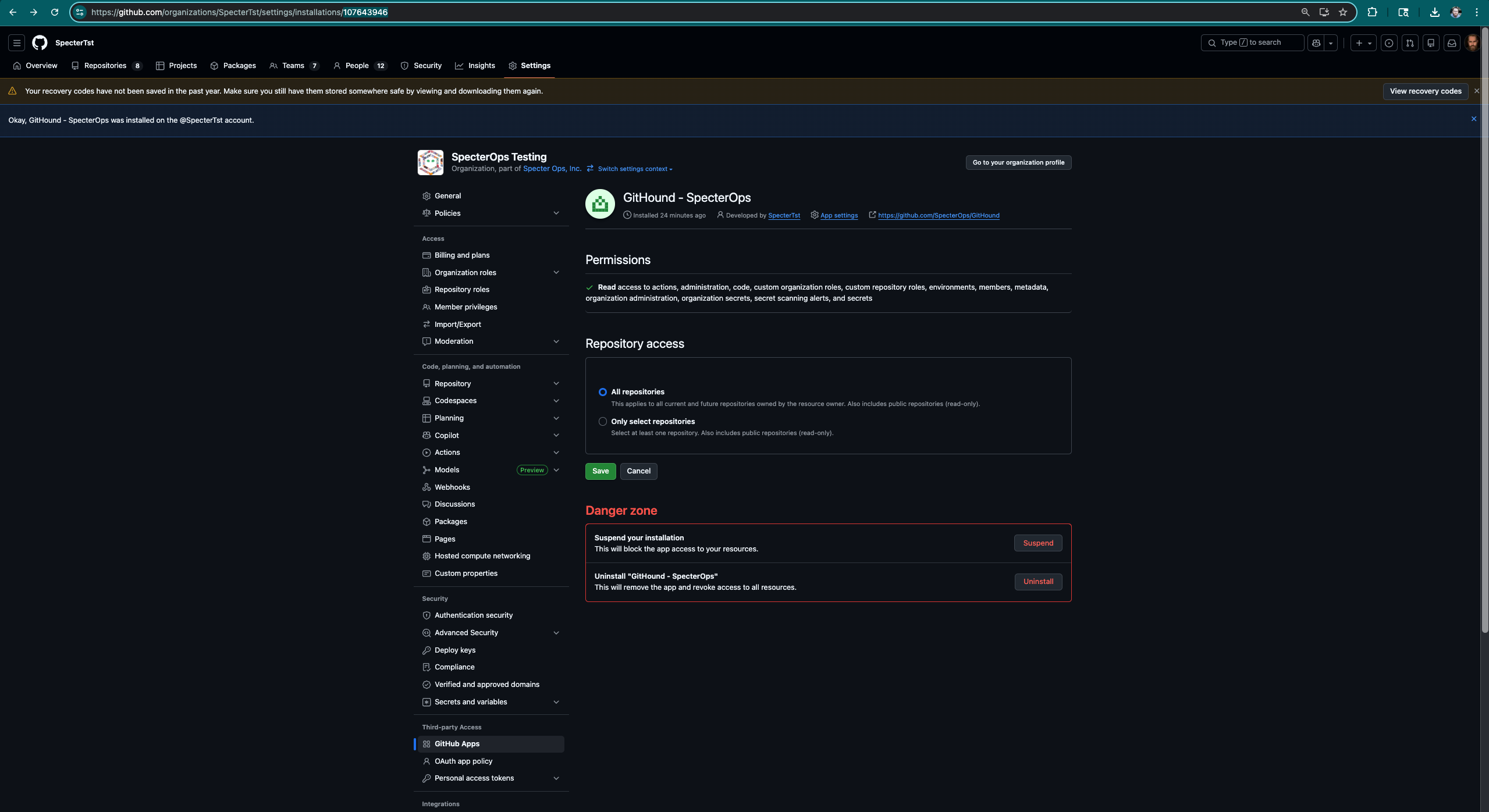 GitHub App installation page showing permissions and repository access