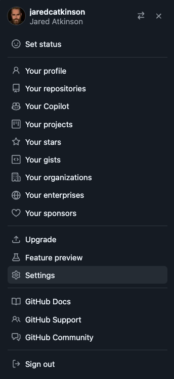 GitHub profile settings menu