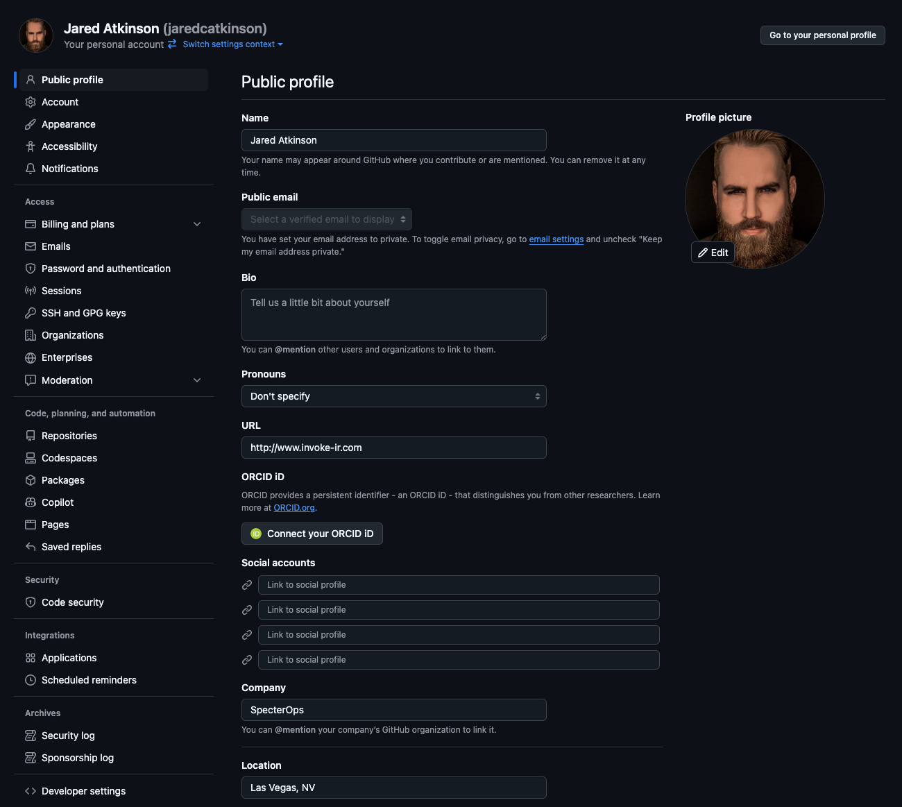 Developer settings in GitHub profile