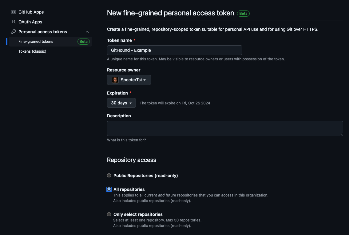 Select All repositories for token access