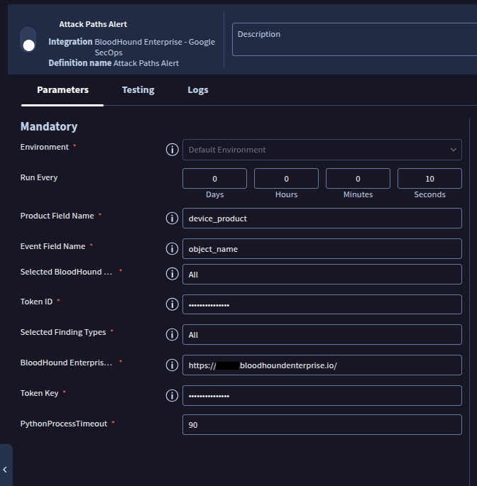 BloodHound connector Parameter tab in Google SecOps.