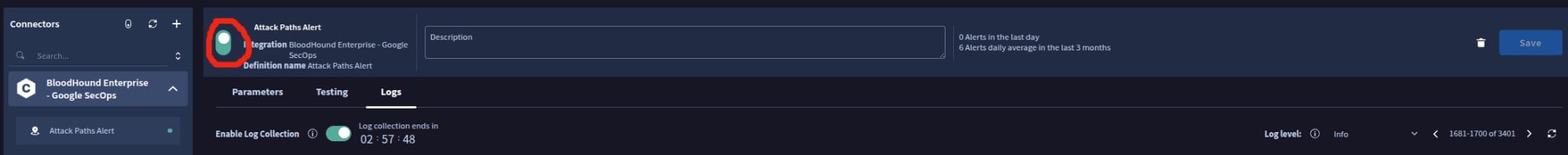 Connector logs showing generated alerts.