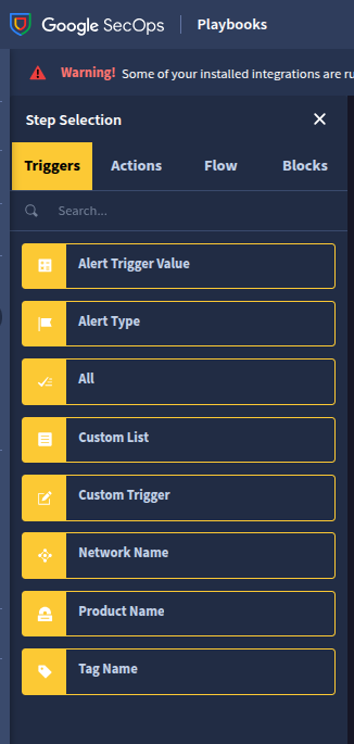 Google SecOps playbook editor showing available actions, triggers, blocks, and flows.