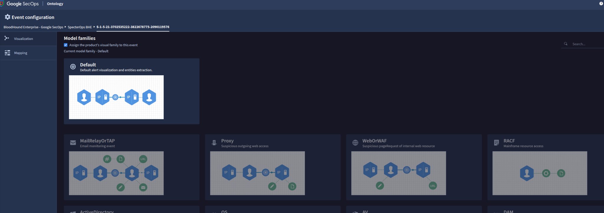 Google SecOps Mapping and Modeling page with the Default family selected.