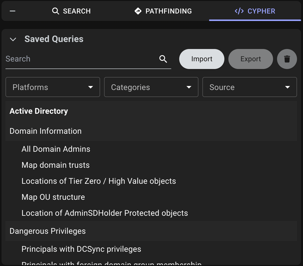 Default view of the Saved Queries section