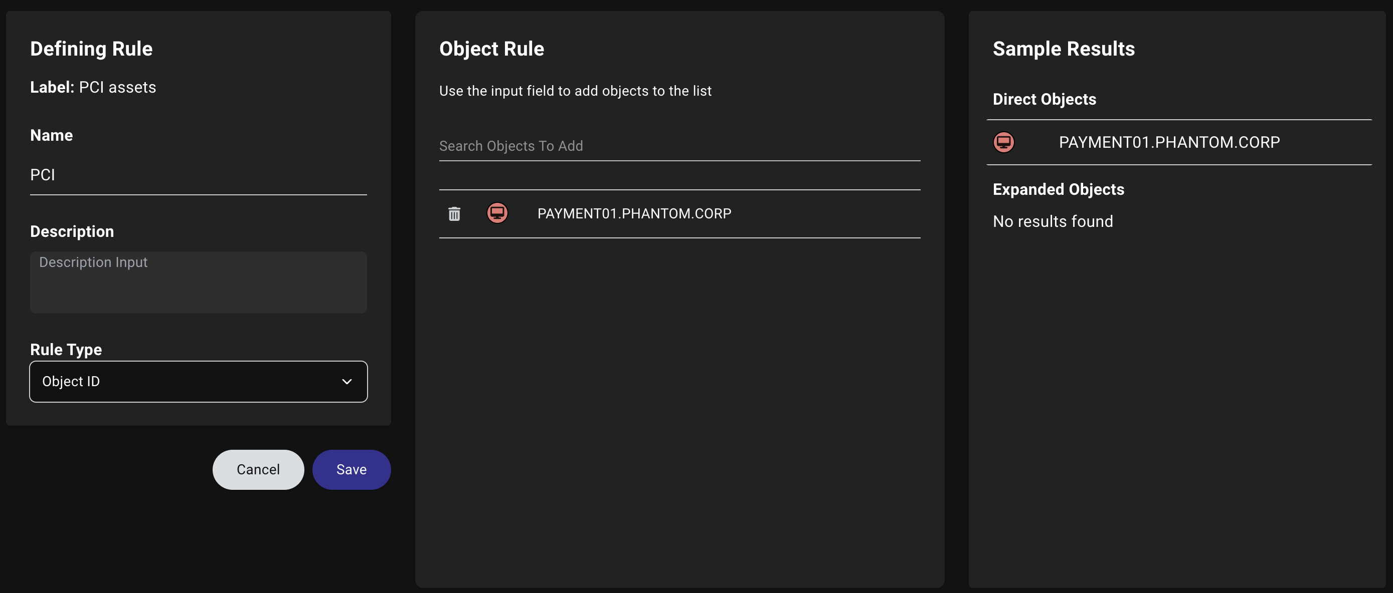 A view of the Zone Builder define label rule page