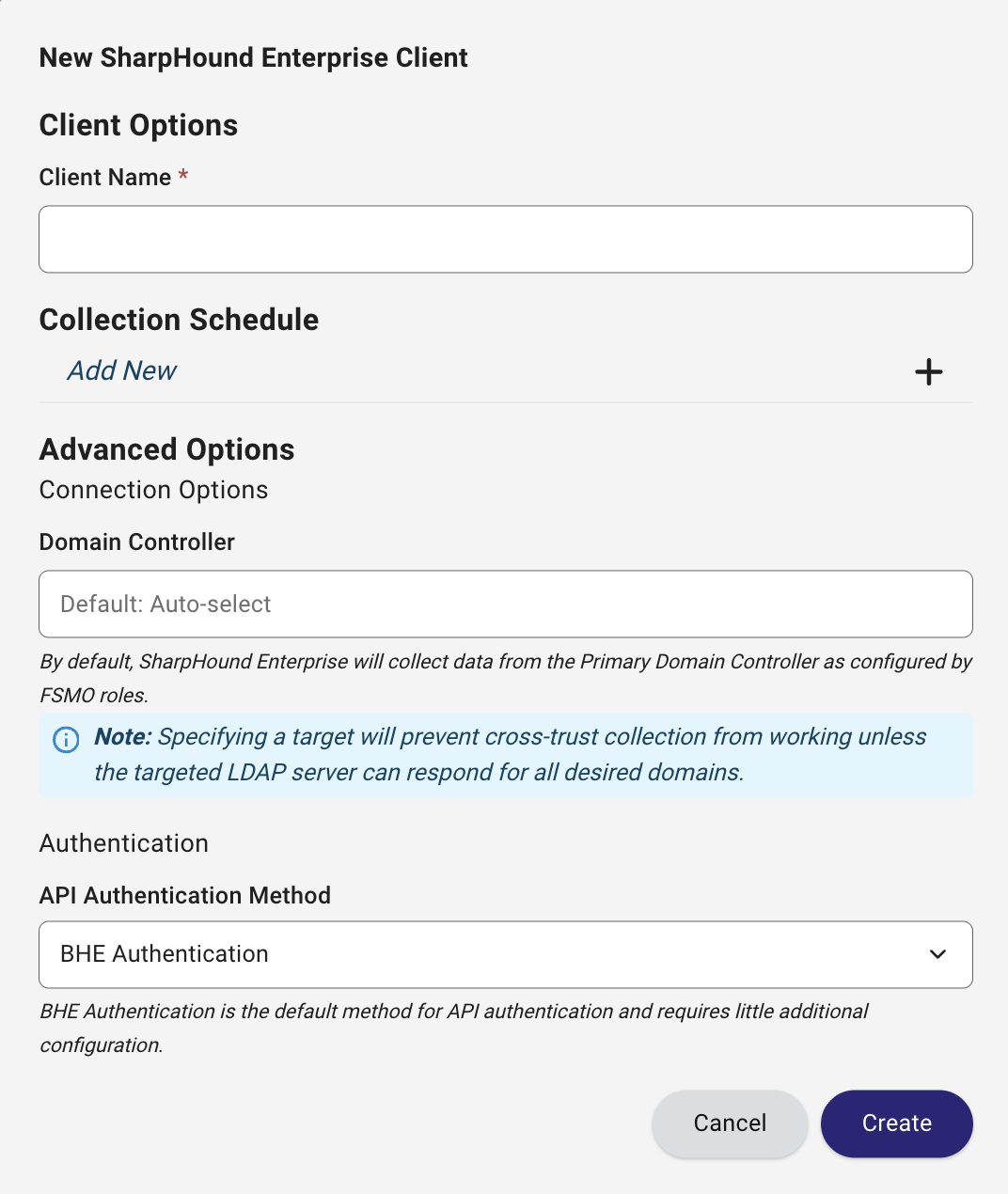 A view of the Create Client screen for SharpHound Enterprise