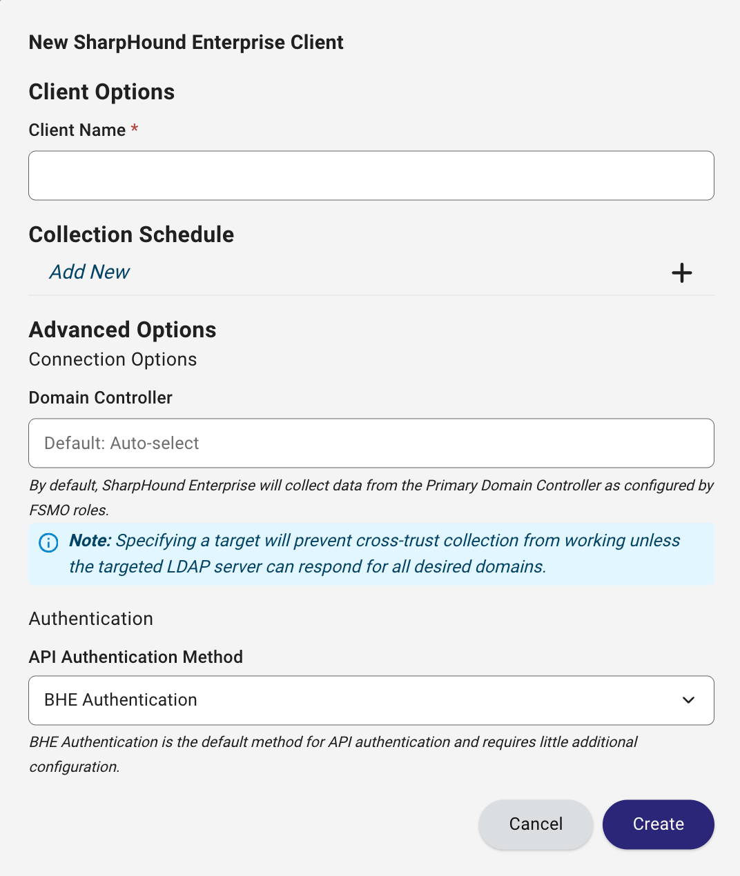 A view of the Create Client screen for SharpHound Enterprise