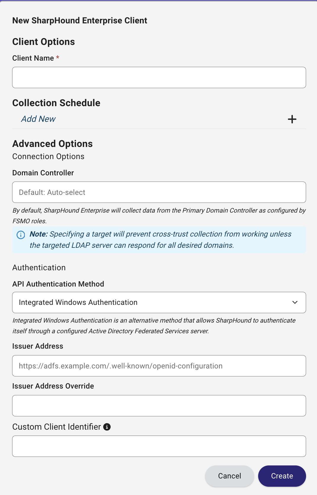 A view of the Create Client screen for SharpHound Enterprise IWA