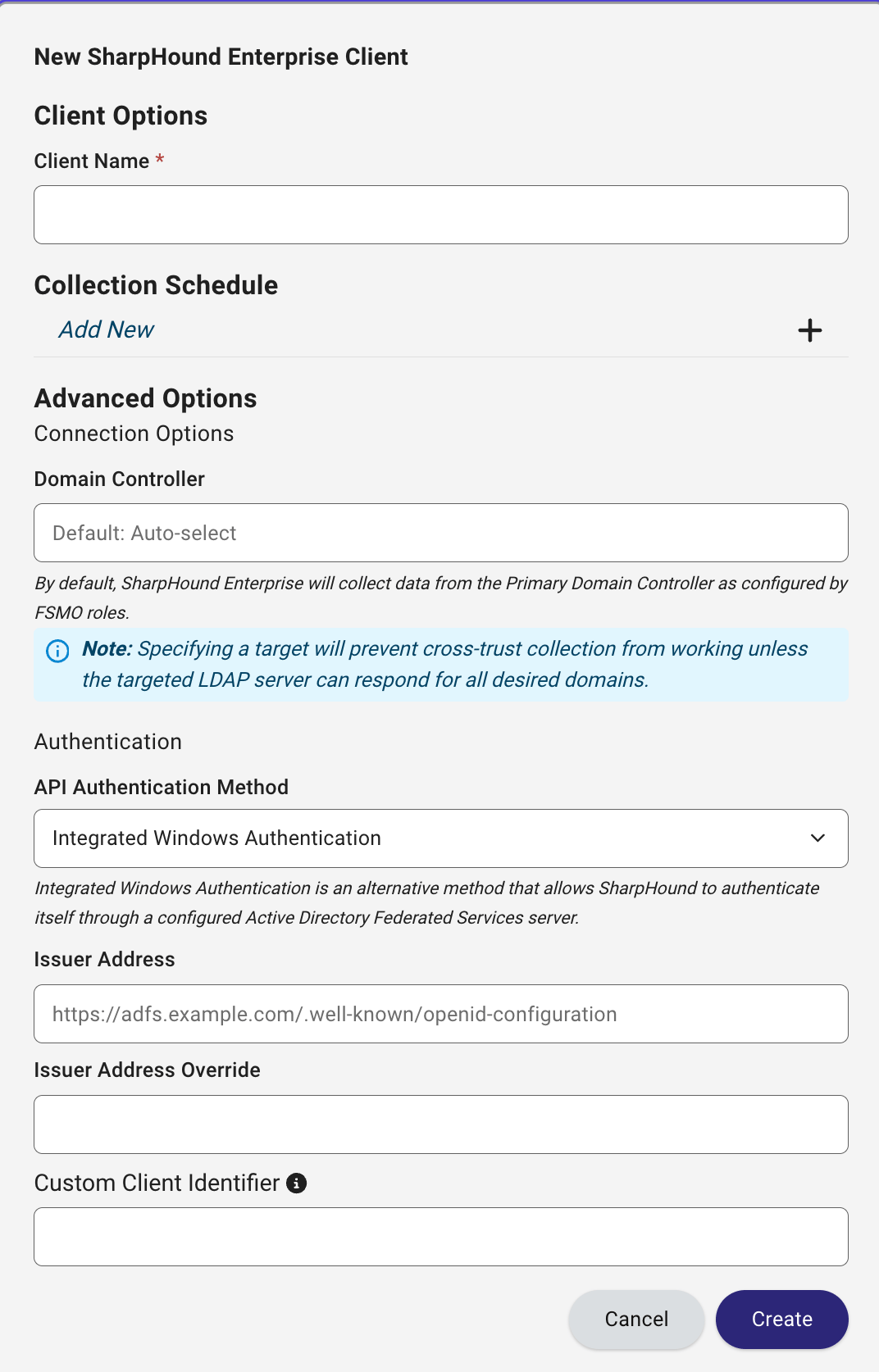 A view of the Create Client screen for SharpHound Enterprise IWA