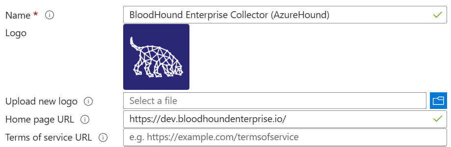 The Branding & properties section showing the saved AzureHound Enterprise application logo and name.