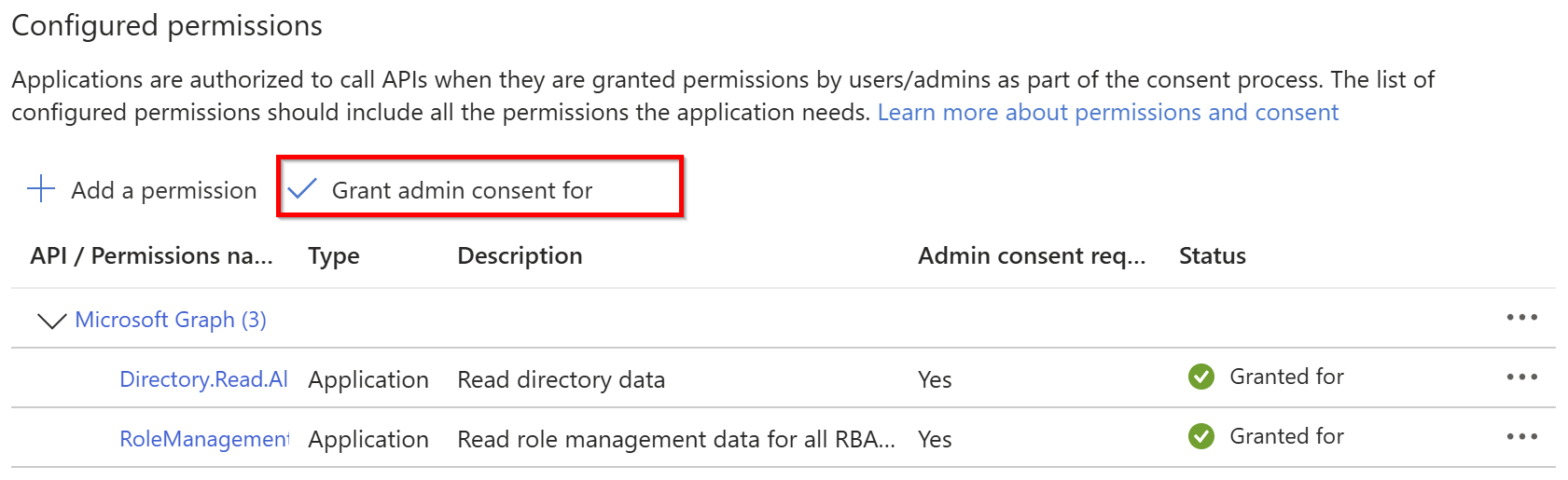 A view of the Azure portal showing the API permissions page with the Grant admin consent button highlighted.