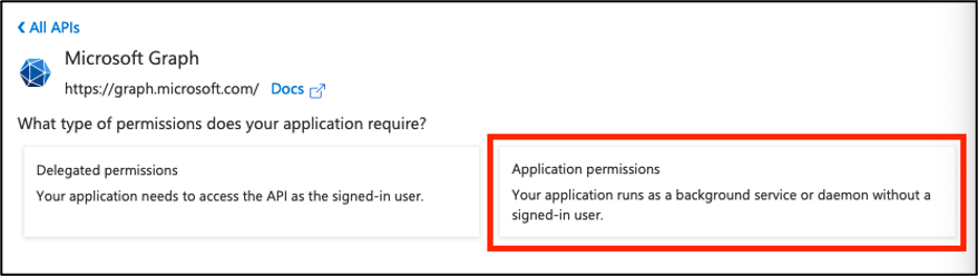 A view of the Microsoft Graph API permission selection page with the Application permissions option highlighted.