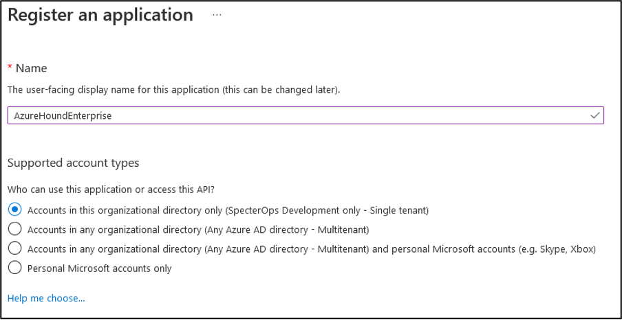 A view of the Azure portal showing the New registration page with fields to enter the application name and supported account types.