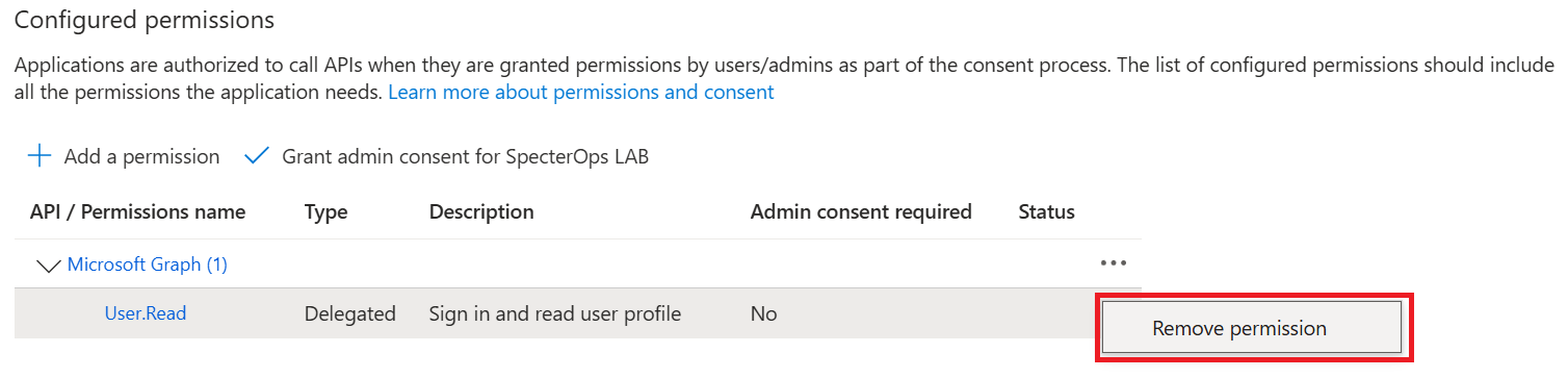 A view of the Azure portal showing the API permissions page with the User.Read permission highlighted for removal.