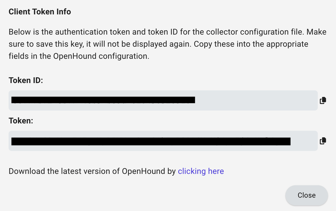 A view of the client token info screen for OpenHound