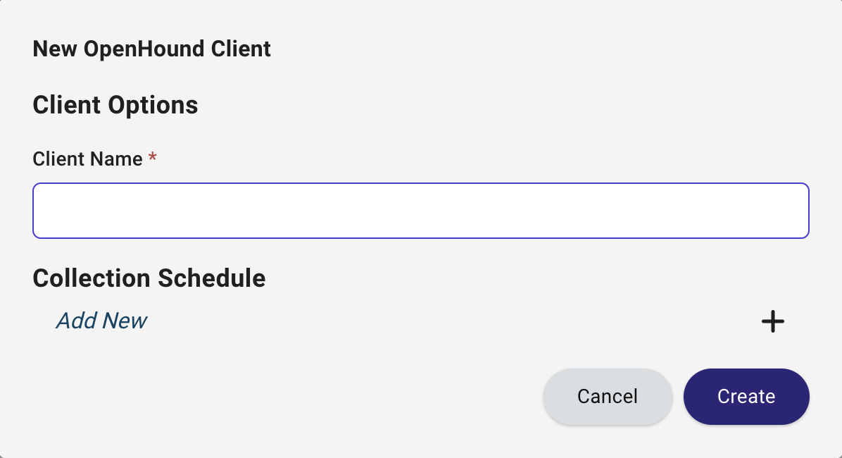 A view of the Create Client screen for OpenHound