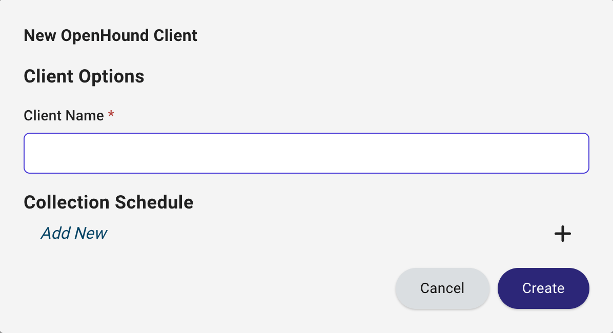 A view of the Create Client screen for OpenHound
