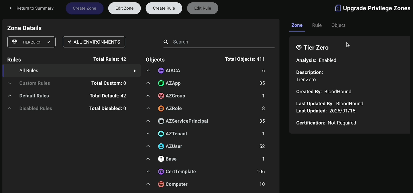 An animated view of the Details View in the Zone Builder page showing the information that appears in the details panel on the right-hand side of the screen when selecting a rule or object, including the object's type and the rule that caused it to be included in the zone or label.