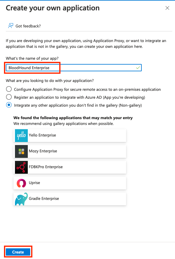 Application name field and Create button in Entra ID