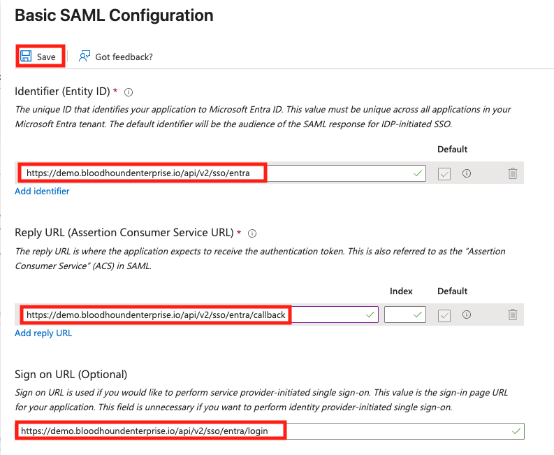 Basic SAML Configuration fields with tenant codename and provider name entered