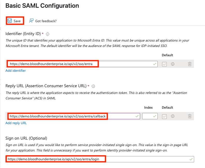Basic SAML Configuration fields with tenant codename and provider name entered