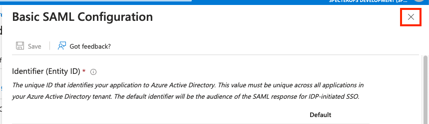 Close button on the SAML configuration dialog