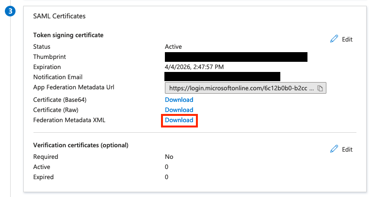 SAML Certificates section with Metadata XML download link