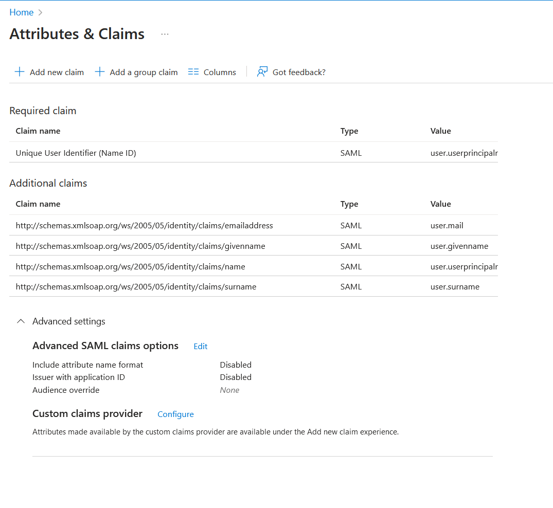 Claim mapping example showing the user.mail attribute properly configured