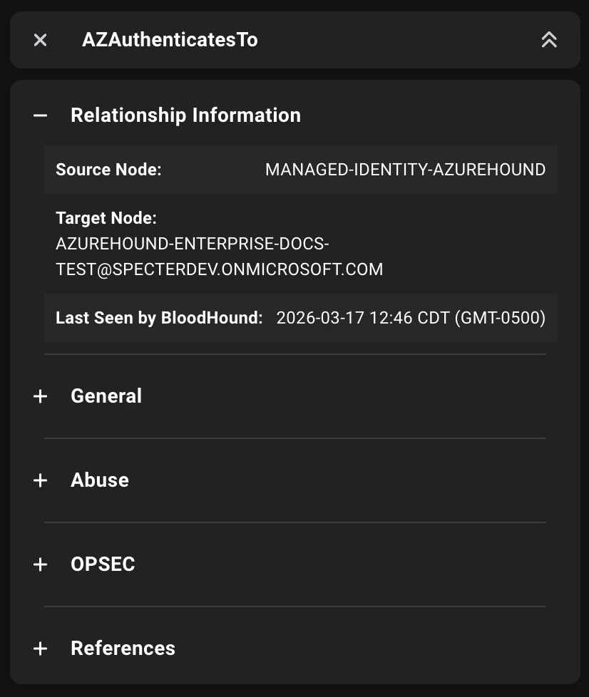 A screenshot of the AZAuthenticatesTo edge in the BloodHound entity panel